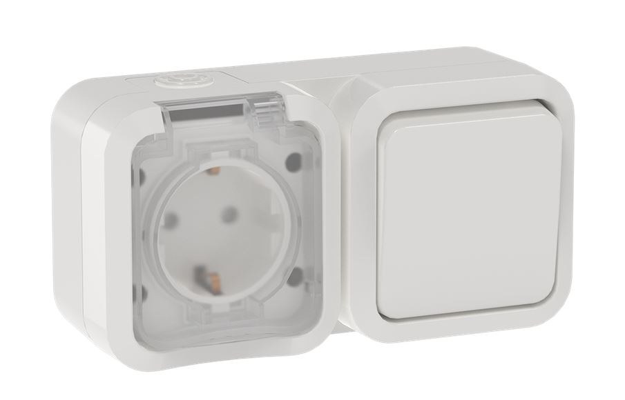 TORS Блок (розетка + выключатель) горизонтальный TS342 открытой установки IP55 белый (TS-G10-6-55-V-K01)