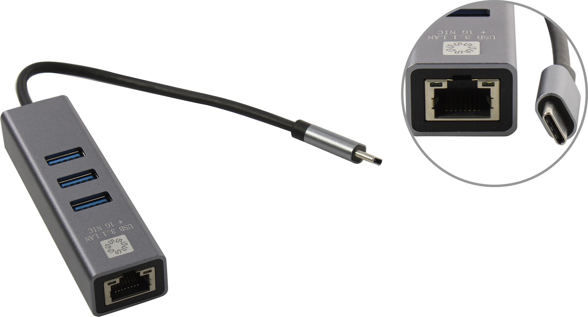 5bites Кабель-адаптер UA3C-45-12BK USB3.1 сетевая карта / 3*USB3.0 / RJ45 1G / AL / GREY