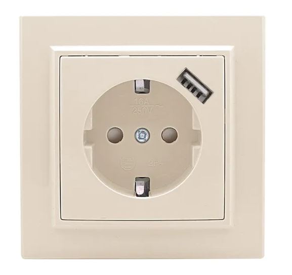 Минск Розетка 1-местная СП с/з 16А бежевая с защ. штор. с USB (ERR16-028-200-USB)