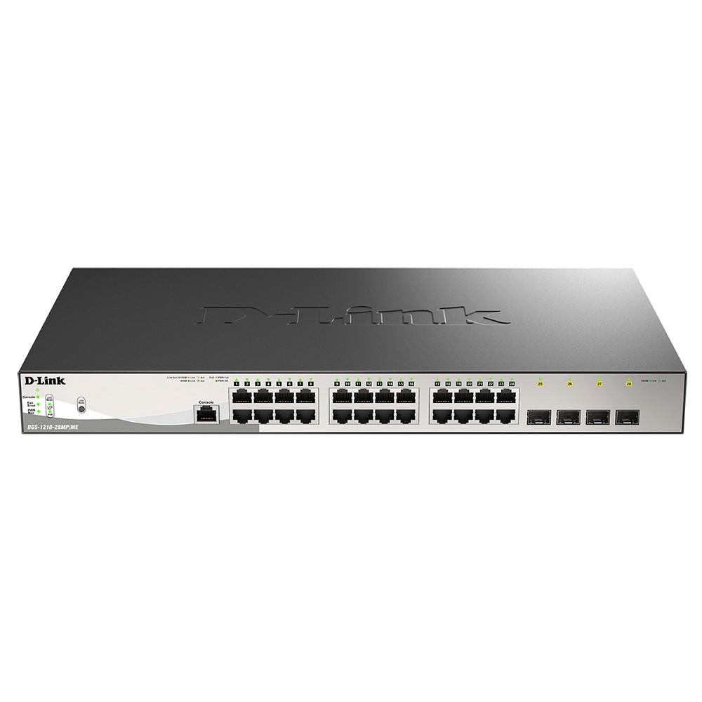 D-Link DGS-1210-28MP/ME/B2A PROJ Управляемый L2 коммутатор с 24 портами 10/100/1000Base-T и 4 портами 1000Base-X SFP (24 порта PoE 802.3af/at, PoE-бюджет 370 Вт)