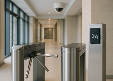 Проходная с турникетом, считывателем карт и IP-камерой