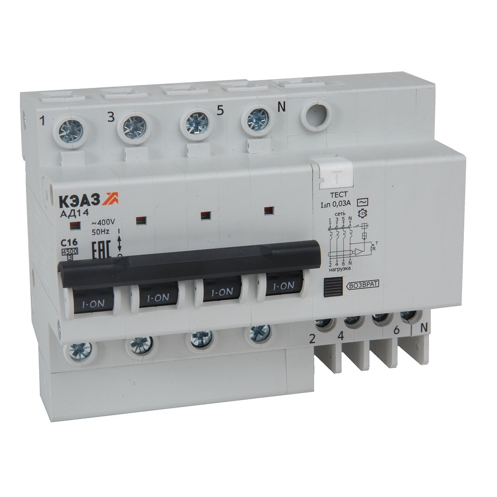 АД14-42C16-AC-УХЛ4 4п C 16А 30мА 4.5кА, КЭАЗ (318384)