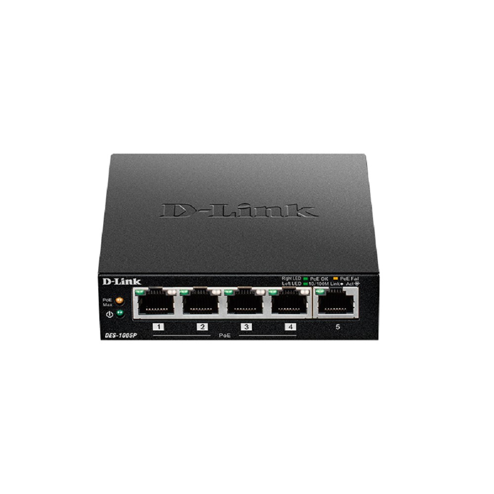 D-Link DES-1005P/B1A Неуправляемый коммутатор с 5 портами 10/100Base-TX, (4 порта PoE 802.3af/at, PoE-бюджет 60 Вт)