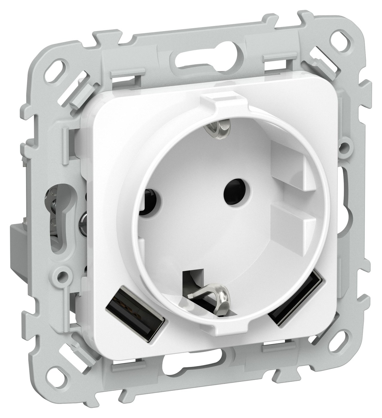 FLITE Розетка 1-местная с заземлением с защитными шторками 16А с USB A+A 3,1А РСЮша11-0-ФлБ скрытой установки белый (FI-R14-16-U21-D31-K01)
