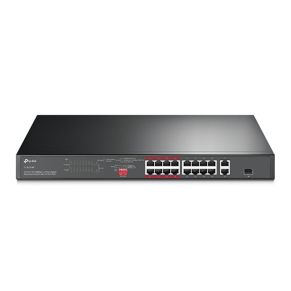 TP-Link TL-SL1218P Коммутатор с 16 портами PoE+ 10/100 Мбит/с, гигабитным портом RJ45